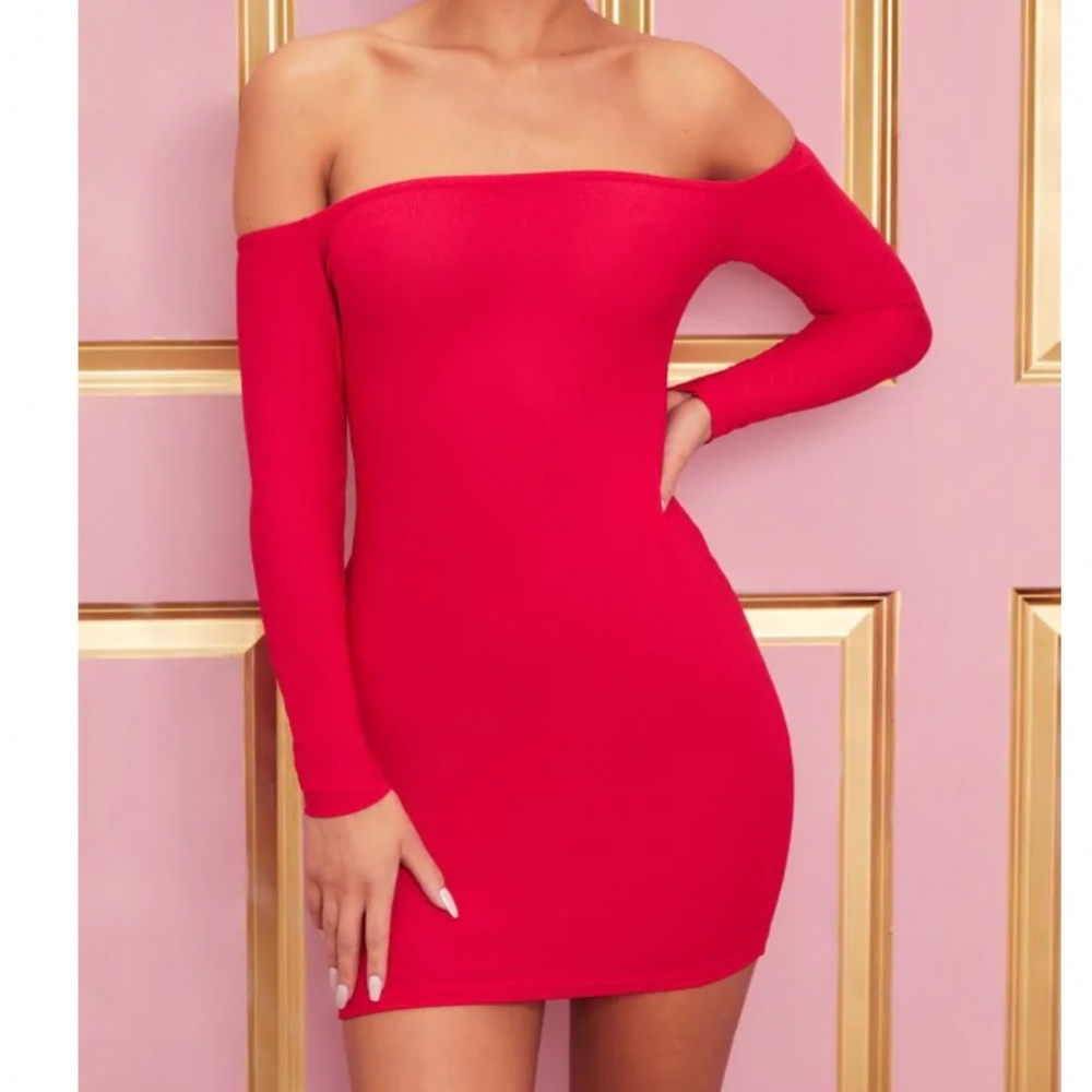 Prettylittlething Red off the shoulder dress